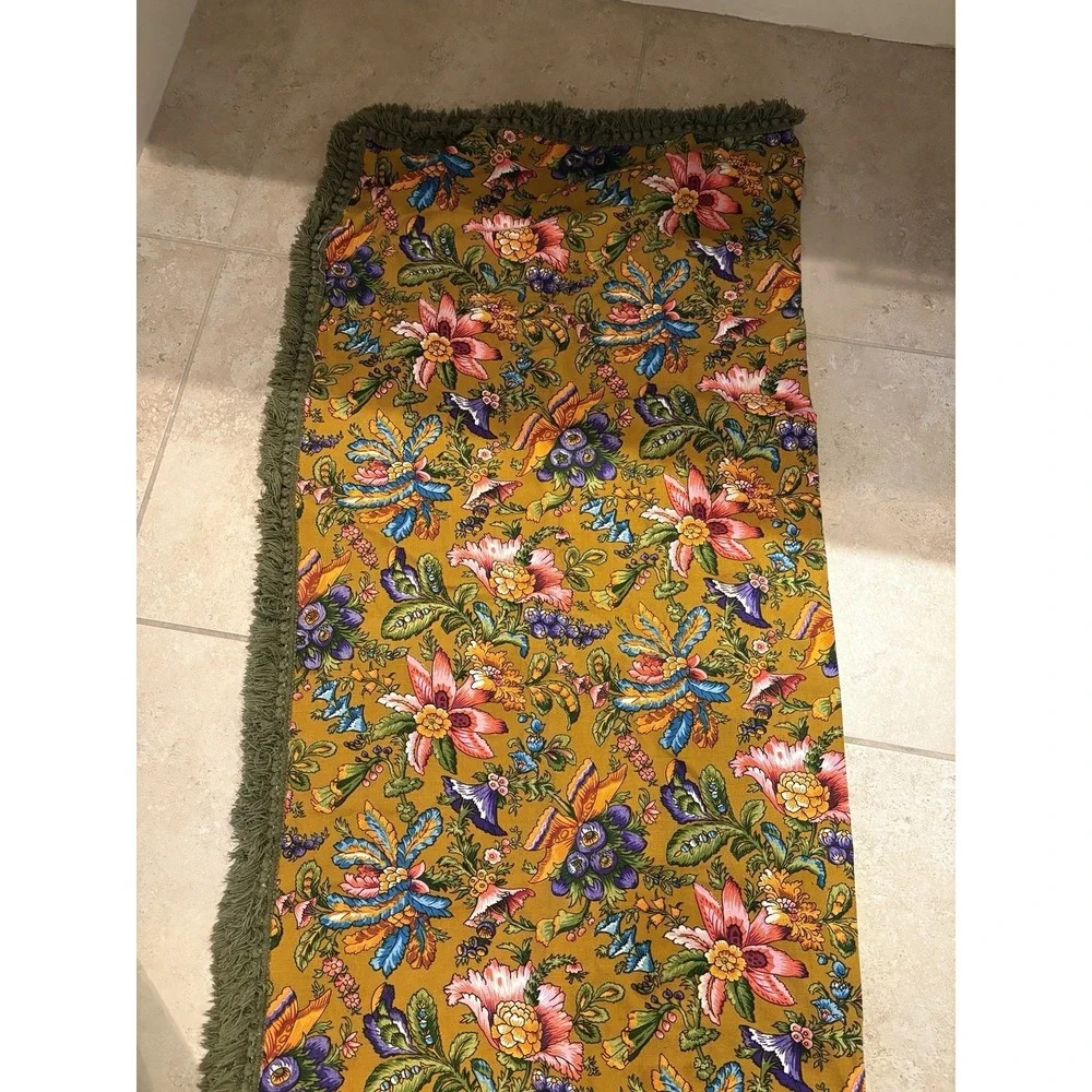 Vintage Retro Fringe‎ Tablecloth 1970 green 44X56 floral colorful!